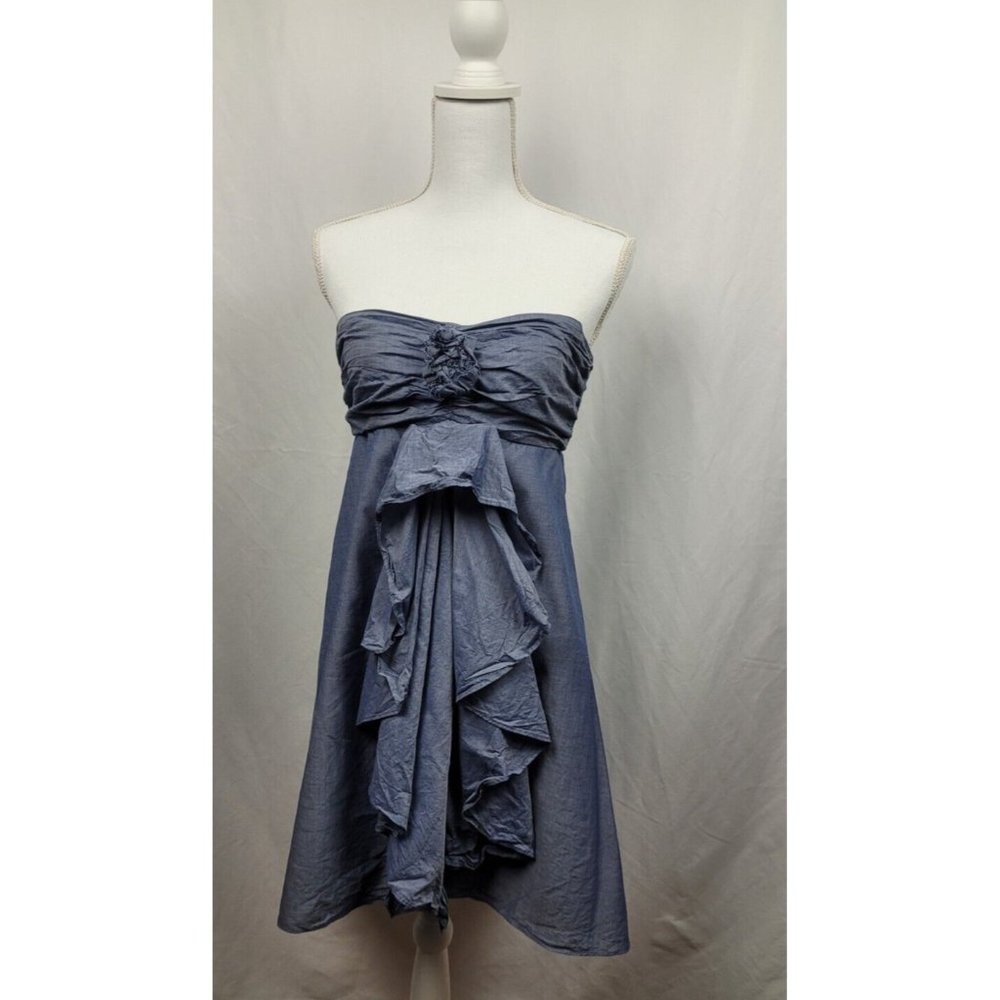 J.Crew Strapless Chambray Rose and Ruffle A-Line Dress 100% Cotton Size 0 - Picture 1 of 9